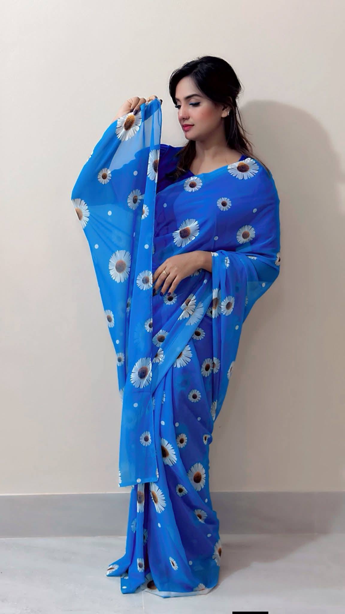 Blue Flower Printed Georgette Saree – Soft & Elegant