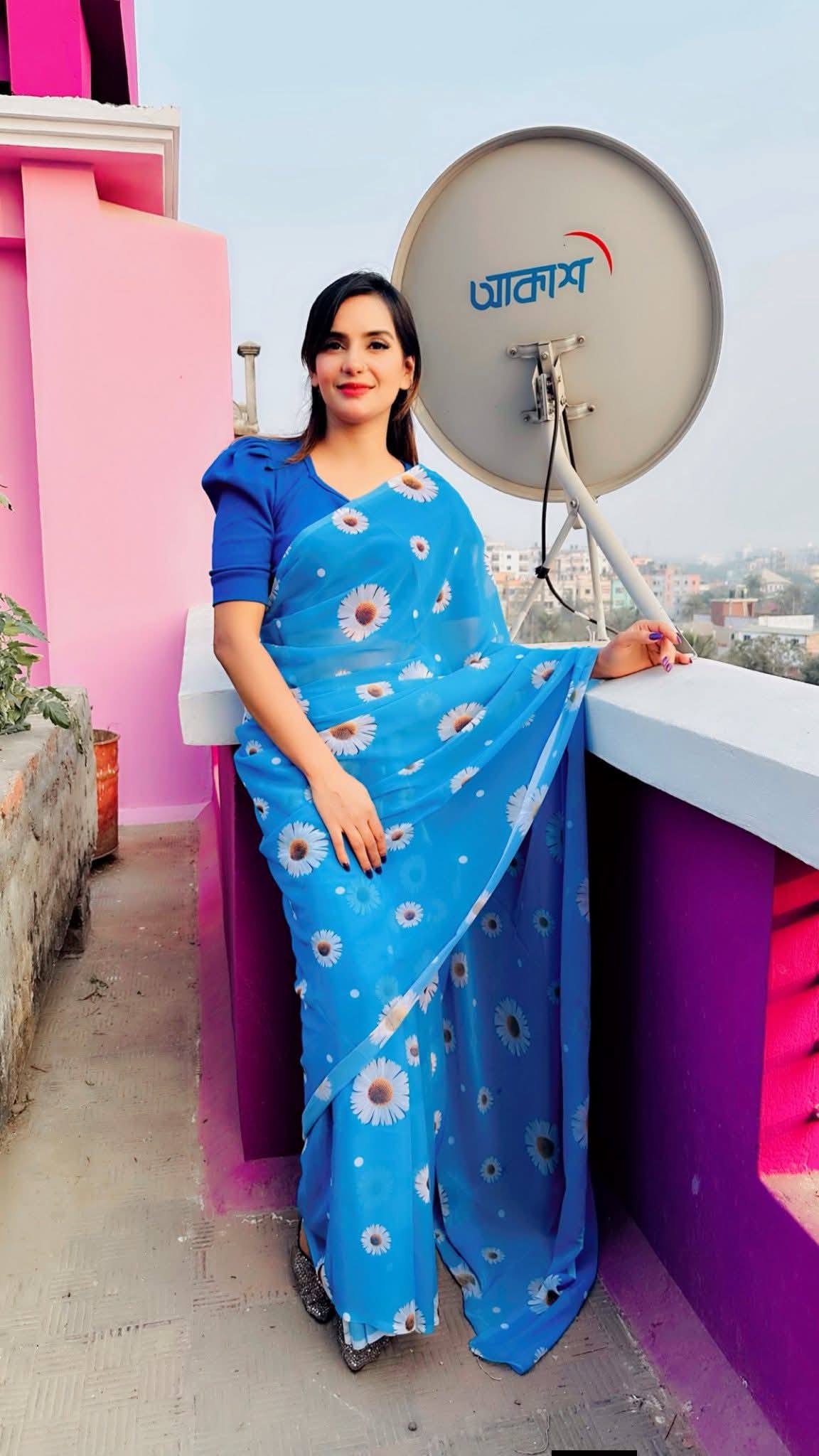 Blue Flower Printed Georgette Saree – Soft & Elegant - Image 2