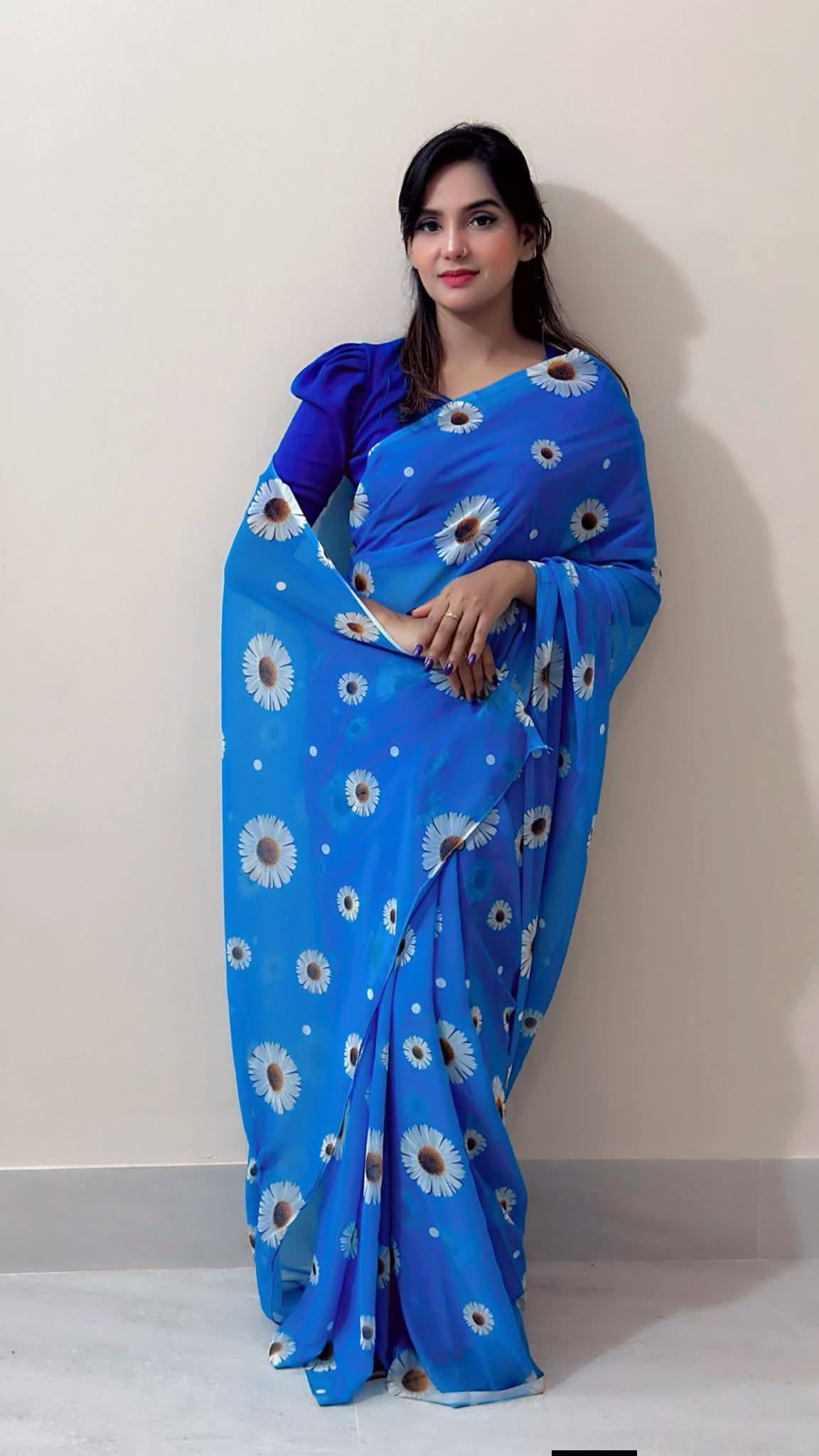Blue Flower Printed Georgette Saree – Soft & Elegant - Image 3