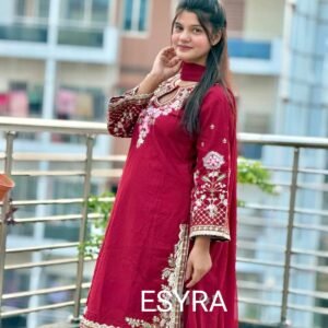 ESYRA Premium Cotton Embroidered Three-Piece Suit - Maroon