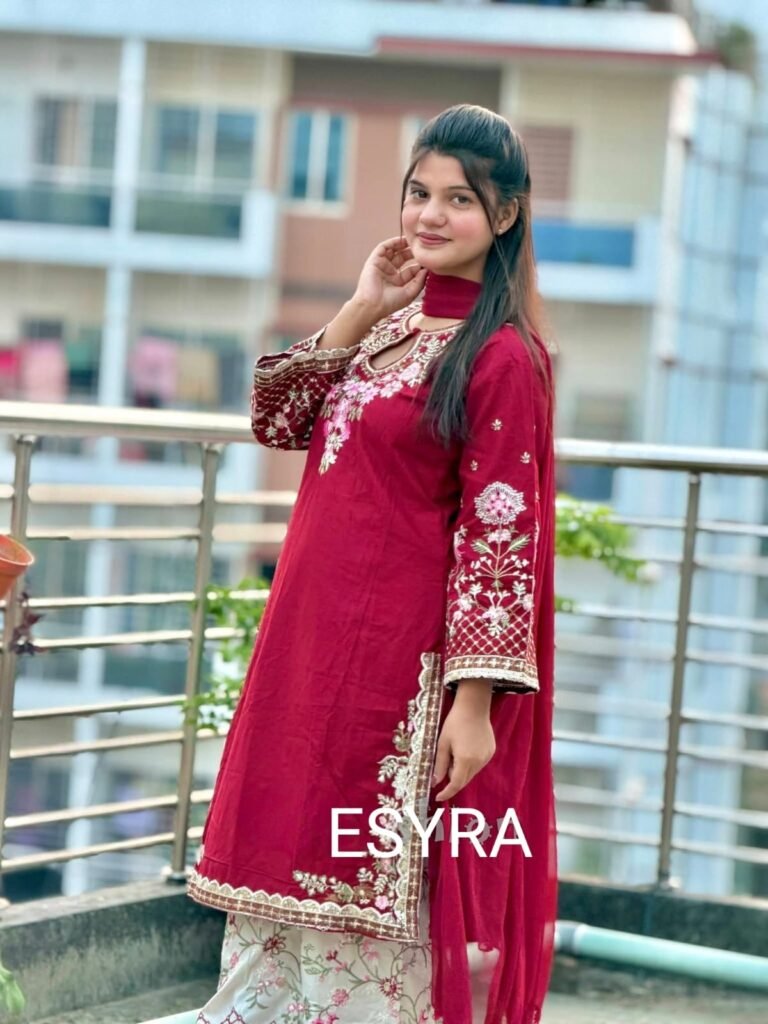 ESYRA Premium Cotton Embroidered Three-Piece Suit - Maroon